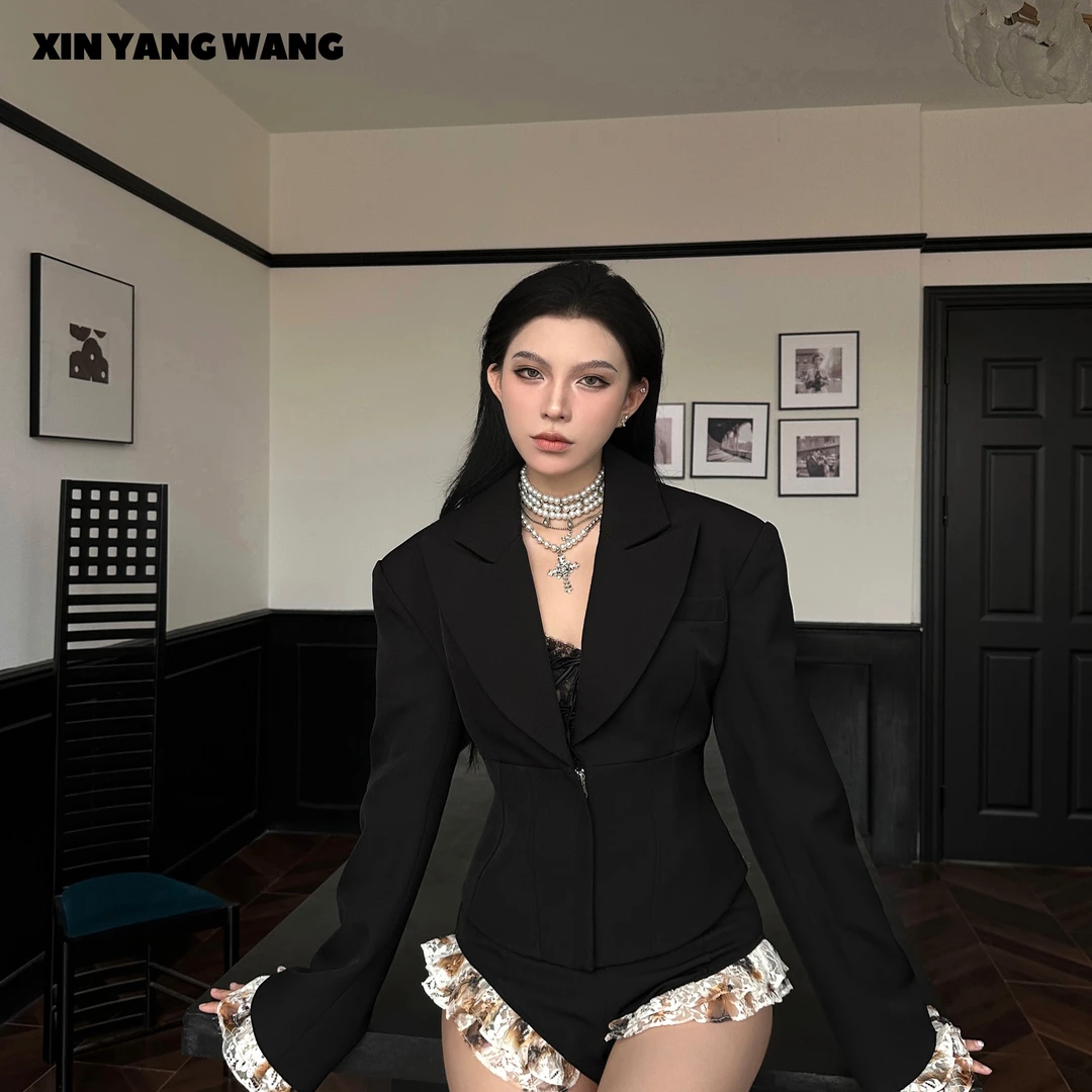 XYW设计师烧焦蕾丝蚂蚁腰收腰修身显瘦 西装套装显瘦 25202