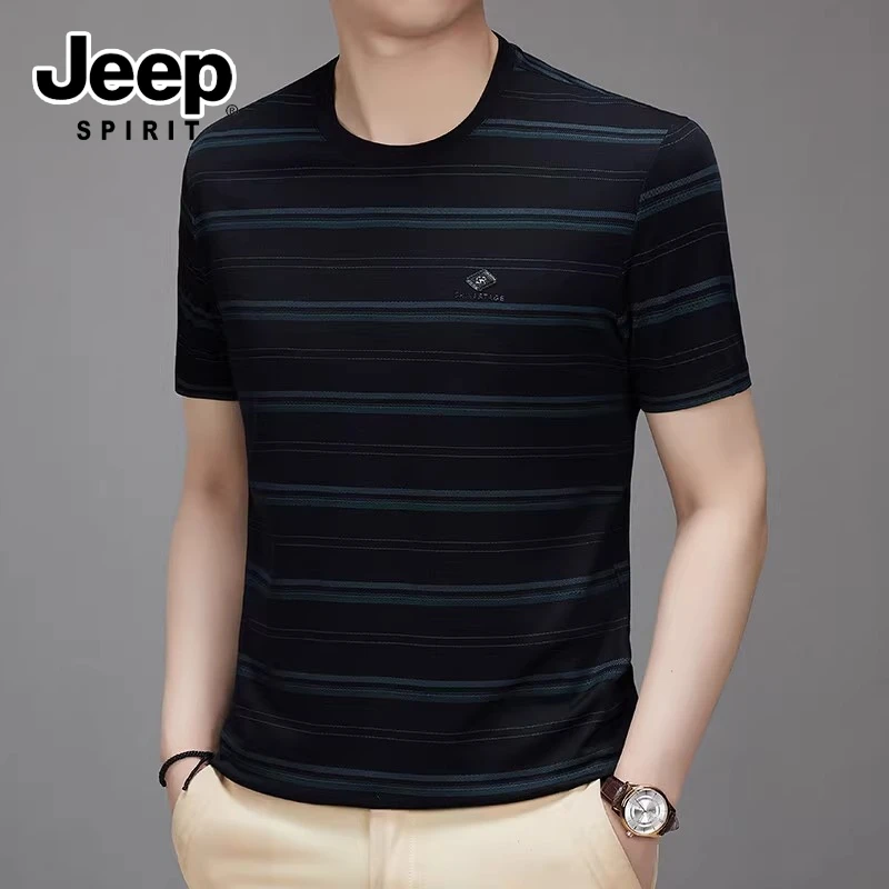 JEEPSPIRIT吉普男士休闲条纹T恤夏季百搭圆领时尚宽松轻薄款上衣