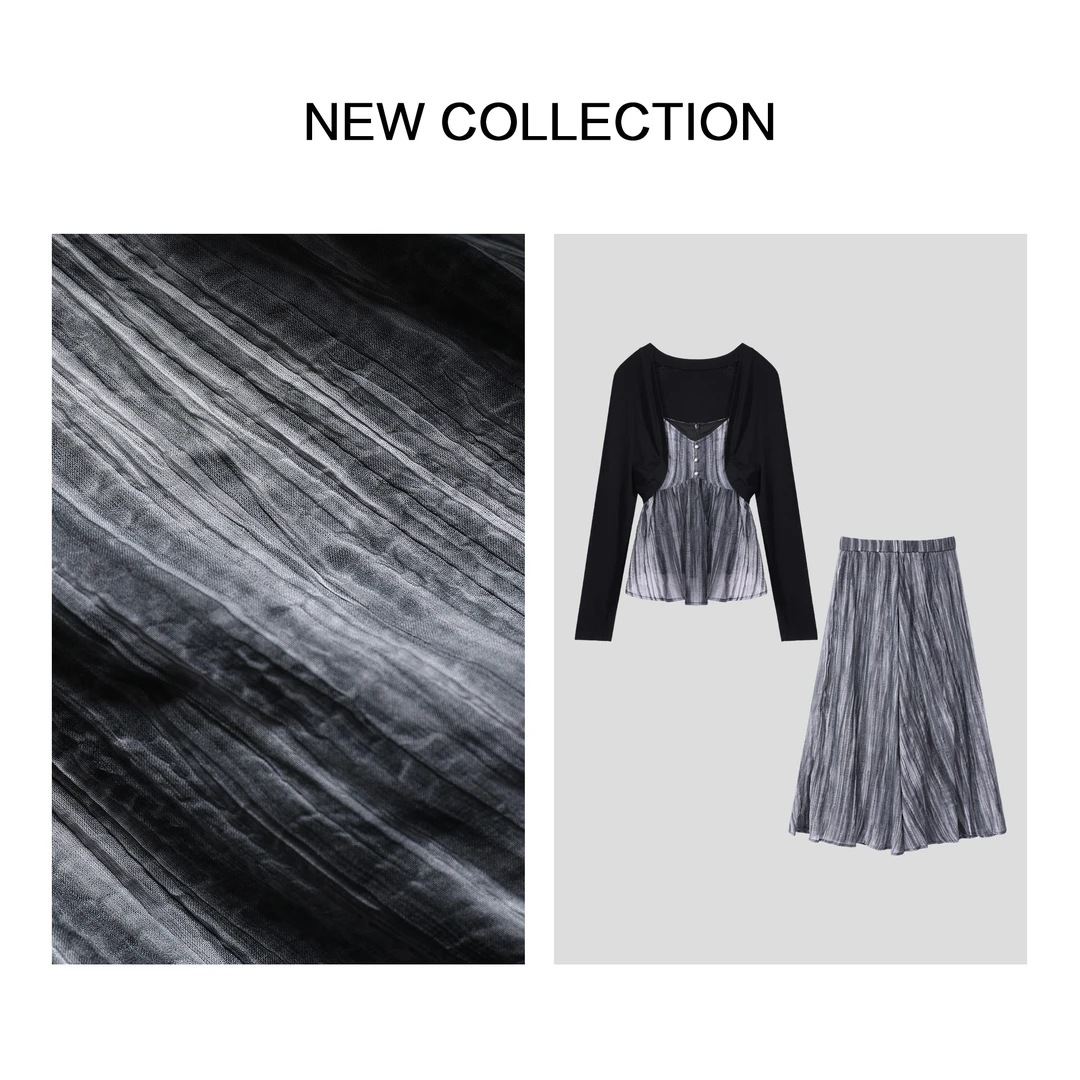 【粉丝专属】D3F28010 水墨纹针织开衫+垂感条纹半裙套装