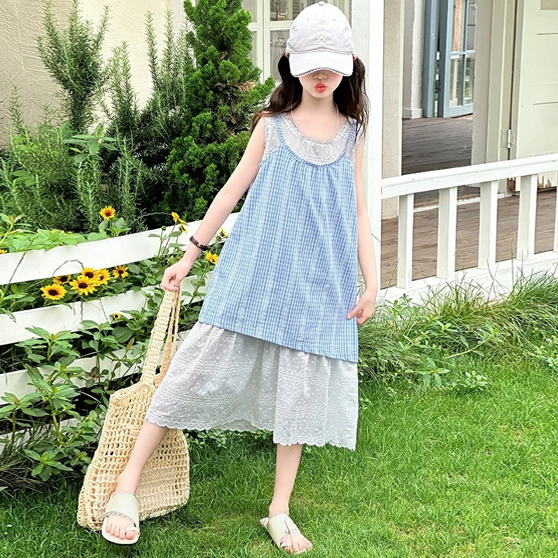 女童潮款夏季小清新格子吊带连衣裙大童女孩洋气波点假两件背心裙