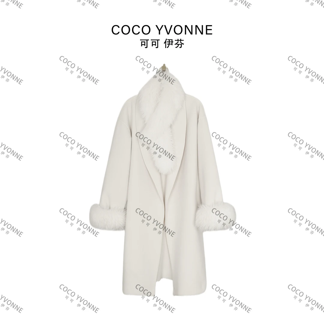 COCO YVONNE慵懒感秋冬时尚百搭可拆卸毛呢长款千金风双面呢大衣