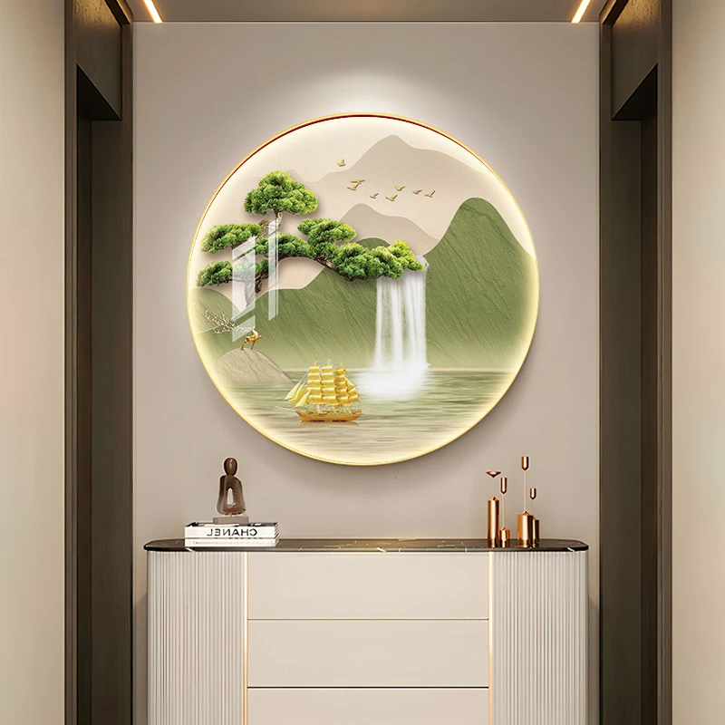 奶油风山水画新款圆形玄关装饰画现代简约客厅餐厅挂画走廊过道画