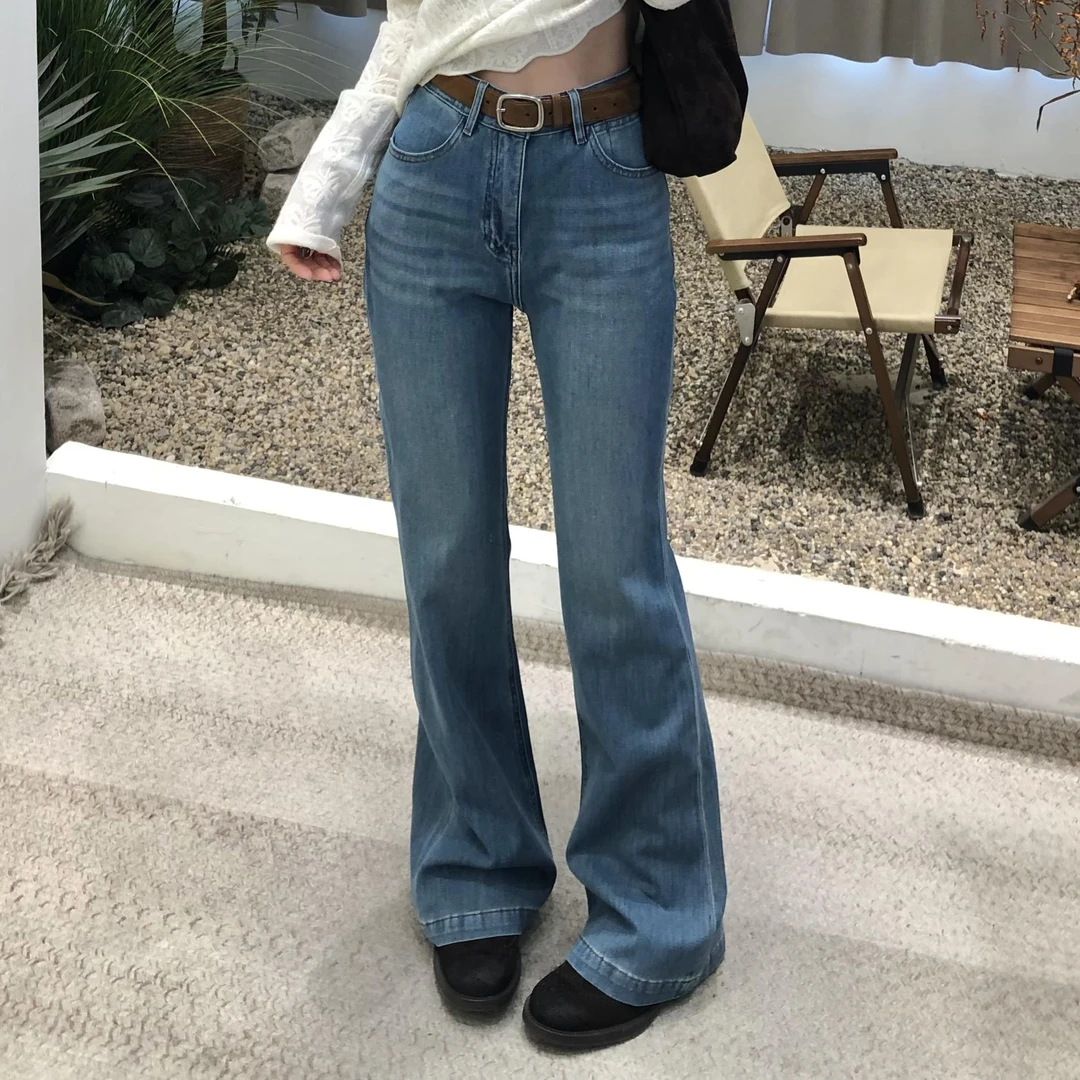 春～雅痞复古水洗微喇牛仔裤时尚修身高腰修身喇叭裤显瘦显瘦裤女