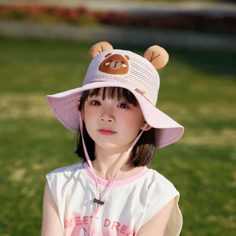 儿童防晒帽男孩夏季网眼透气遮阳帽女宝宝小熊防紫外线太阳渔夫帽