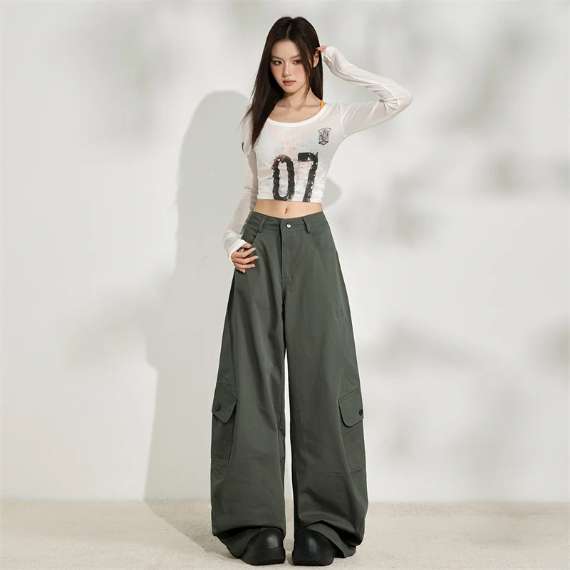 军绿色工装牛仔休闲裤女2025年秋季新品美式街头辣妹多口袋工装裤