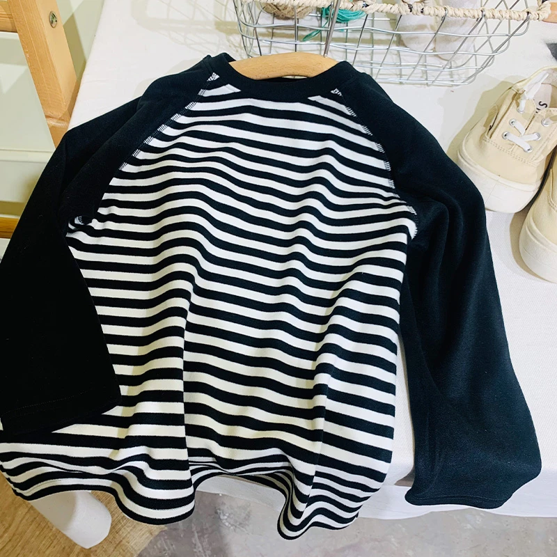 43051【条纹圆领打底衫】春秋新款儿童澳绒圆领时尚长袖T恤套头