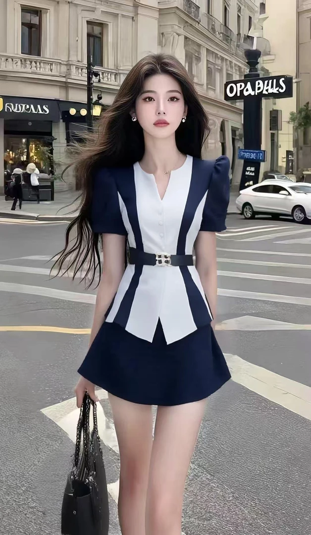 夏季新款温柔知性风高端气质拼接撞色设计收腰系带短袖连衣裙女