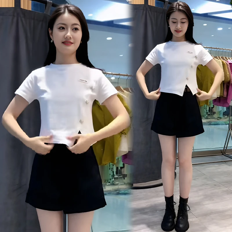 高含棉2025年夏季新款时尚显瘦侧开叉蝴蝶标小个子遮肚圆领t恤女