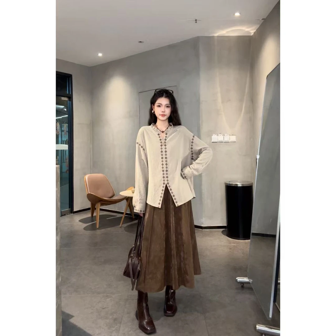 旻旻【海棠听风】时尚百搭洋气时髦高气质刺绣长袖衬衫上衣女20940