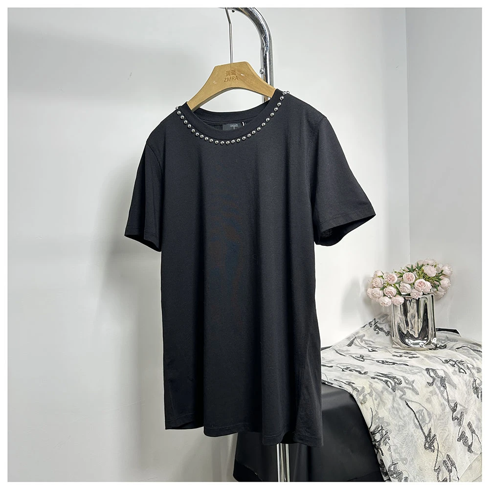 T433夏季新款女士宽松钉珠圆领短袖T恤女