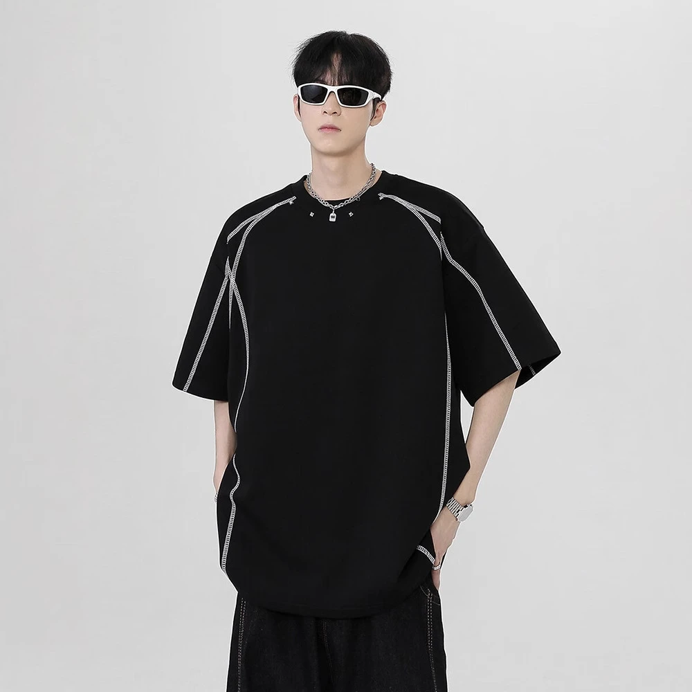 美式解构拼接短袖男款夏季青少年重磅t恤潮牌hiphop正肩半袖体恤