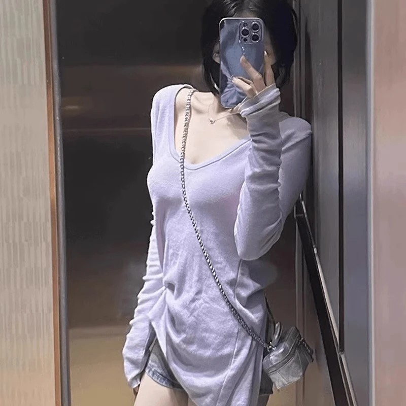 韩系慵懒风紫色u领长袖t恤女2025夏季新款辣妹宽松防晒罩衫薄上衣