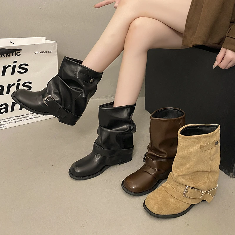 复古棕色马丁靴女鞋2025新款春秋单靴粗跟显瘦配裙子裤管靴短靴子