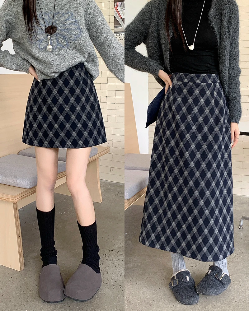秋冬新款胖mm大码格纹中长款半身裙显瘦小个子短裙毛呢
