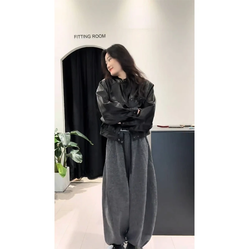 【气质美女】2025新款复古小个子高级感黑色皮衣短外套休闲裤两件套