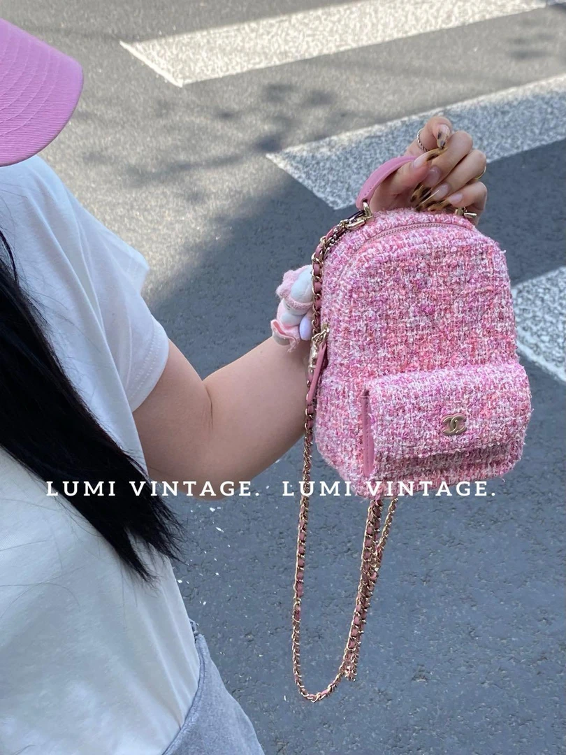 95新 Chanel/香奈儿 24p粉色粗花呢双肩包 90607084