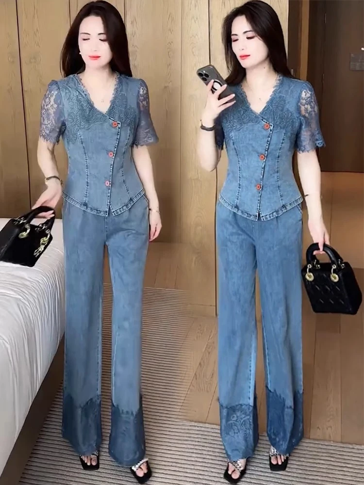 时尚牛仔套装女夏季新款洋气显瘦蕾丝拼接短袖上衣阔腿裤两件套潮
