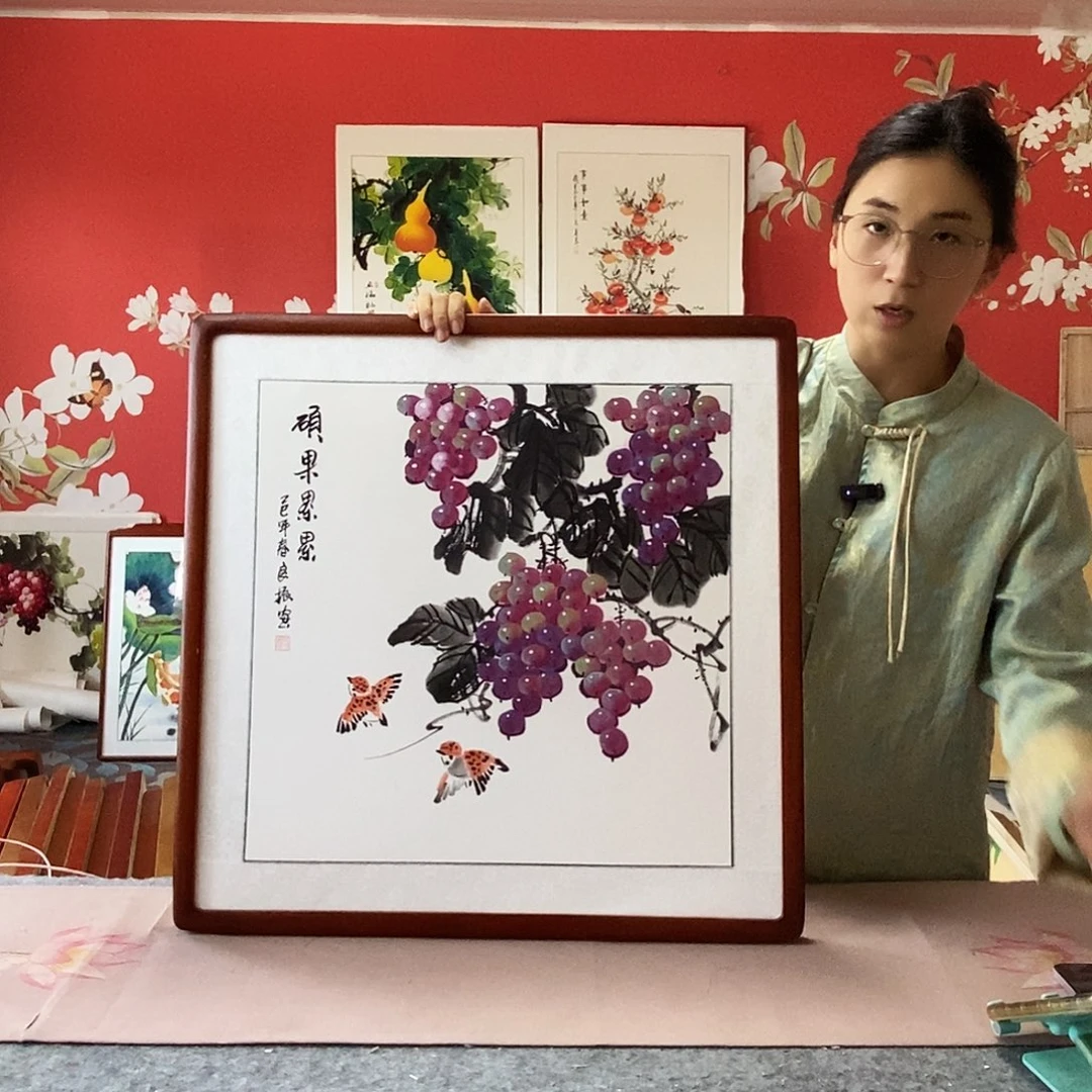国画手写手绘国画作品带框包邮62✖️62