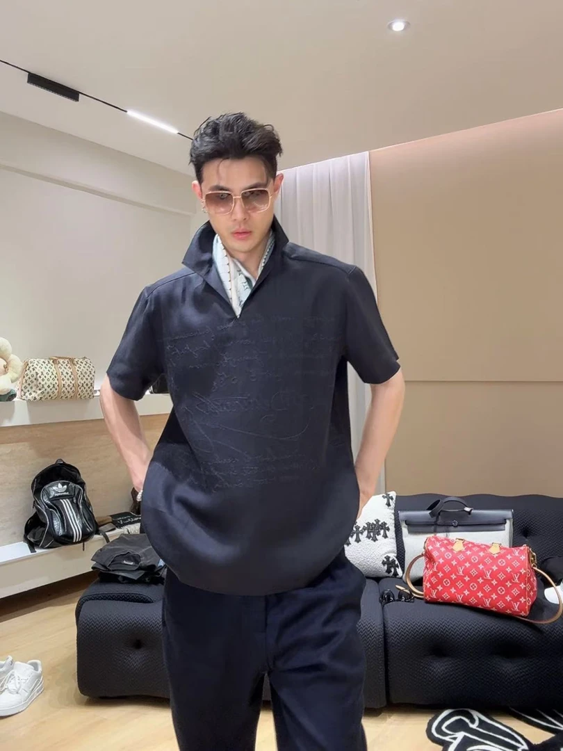 【BLT亚麻图文刺绣】意式一片领温莎领天丝亚麻POLO短袖