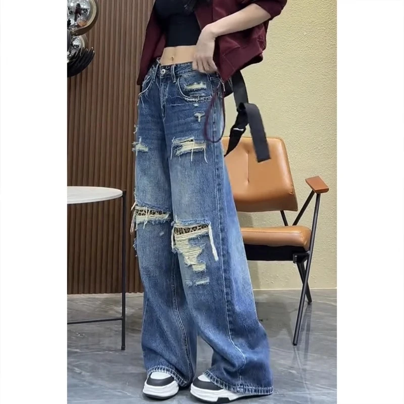 显瘦破洞阔腿裤牛仔裤子女春季新款梨形身材胖mm大码弯刀裤小个子