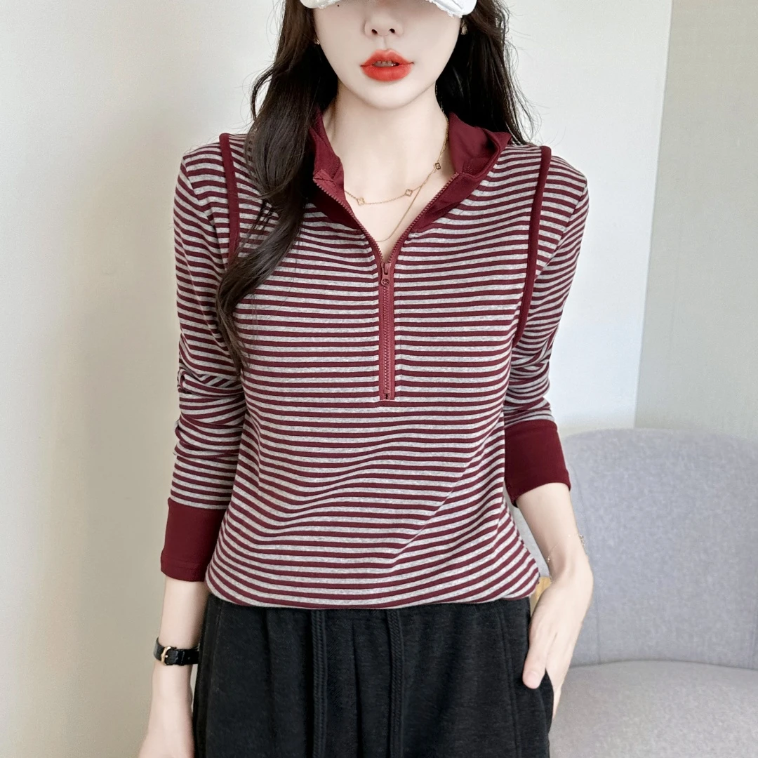 连帽半拉链立领条纹女装长袖T恤早春秋新款时尚休闲洋气显瘦上衣