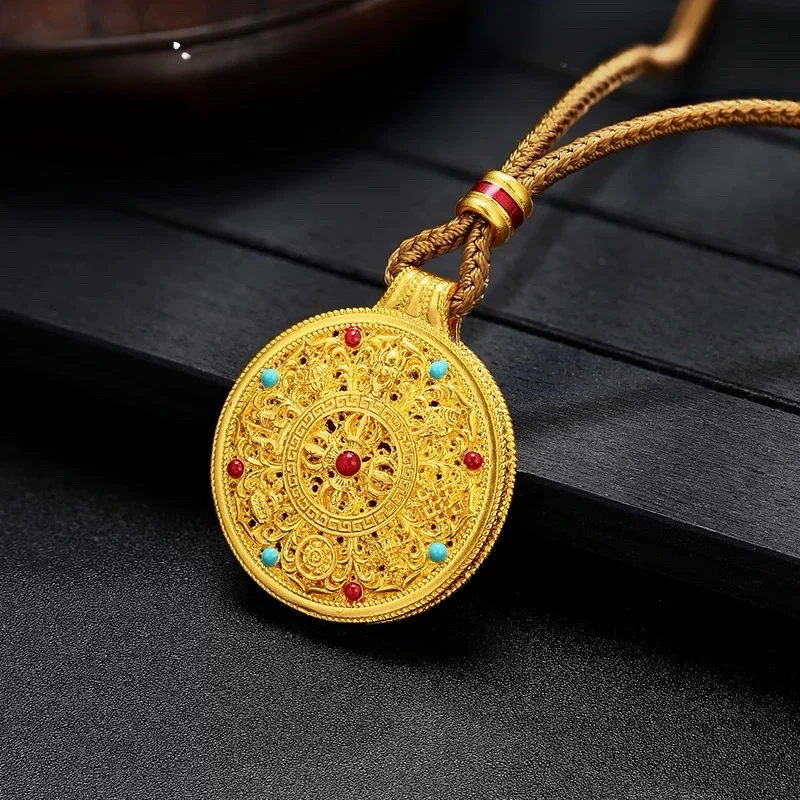 吊坠足银 足银福字八宝罗盘吊坠手工厚金包裹时尚复古挂坠百搭