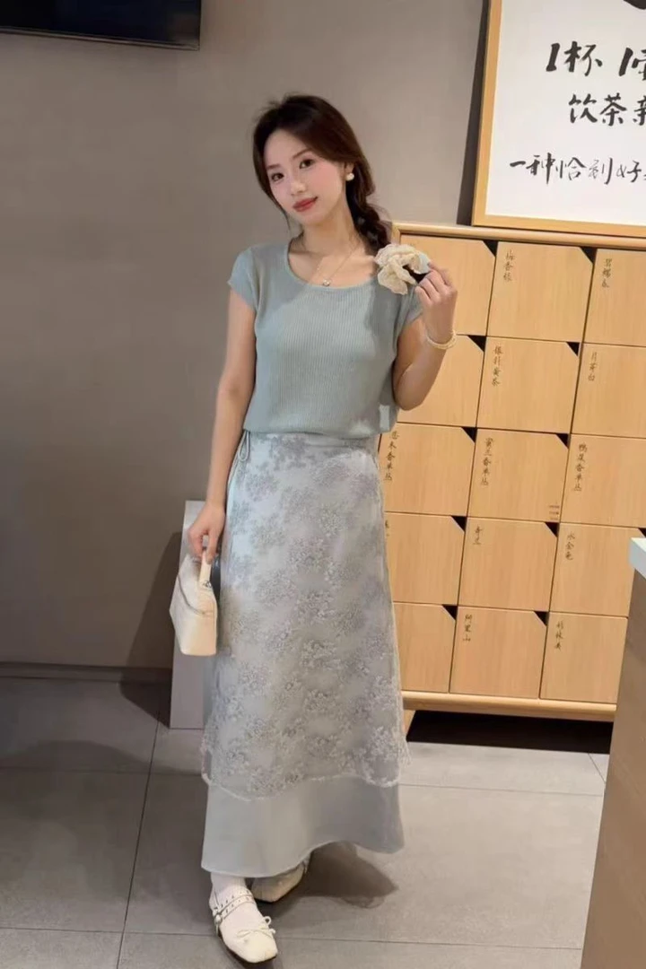 夏季新款针织短袖上衣+高腰显瘦半身裙两件套女时尚套装裙子-122