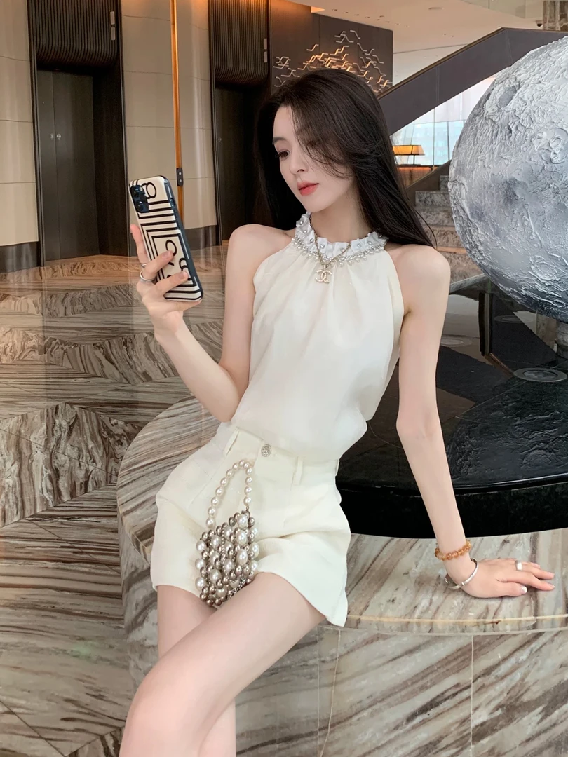 2025夏季新款小香风重工减龄挂脖衬衫气质上衣高腰显瘦短裤两件套