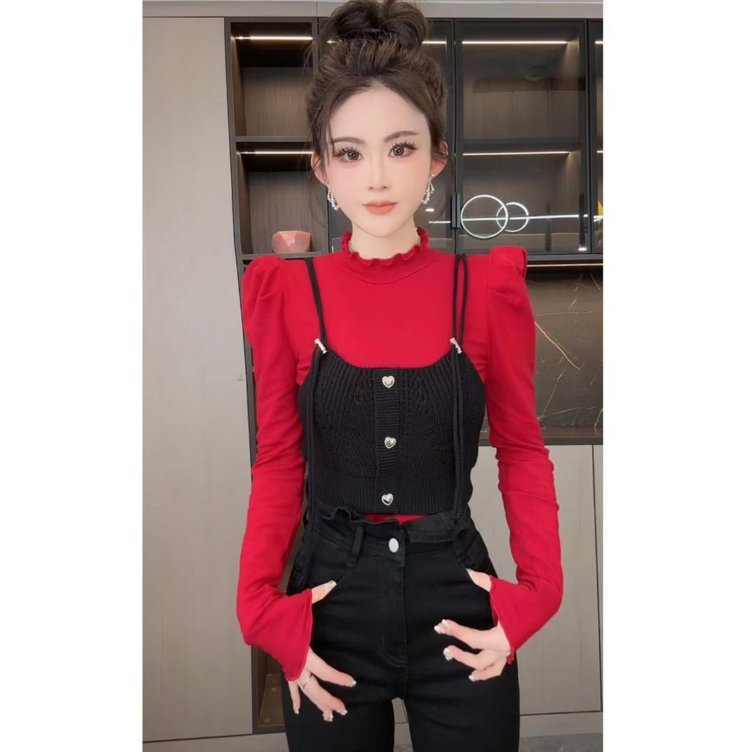 睿夕【甜心日记~】韩版设计针织背心+高领木耳边泡泡袖加绒长袖T恤