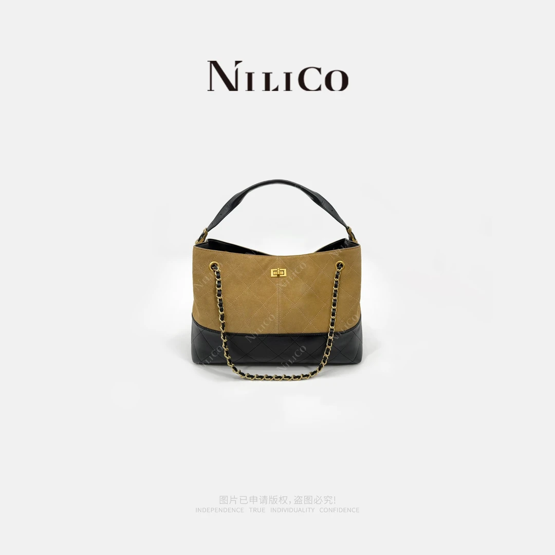 NILICO【百变时尚】复古磨砂牛皮配羊皮拼色托特包