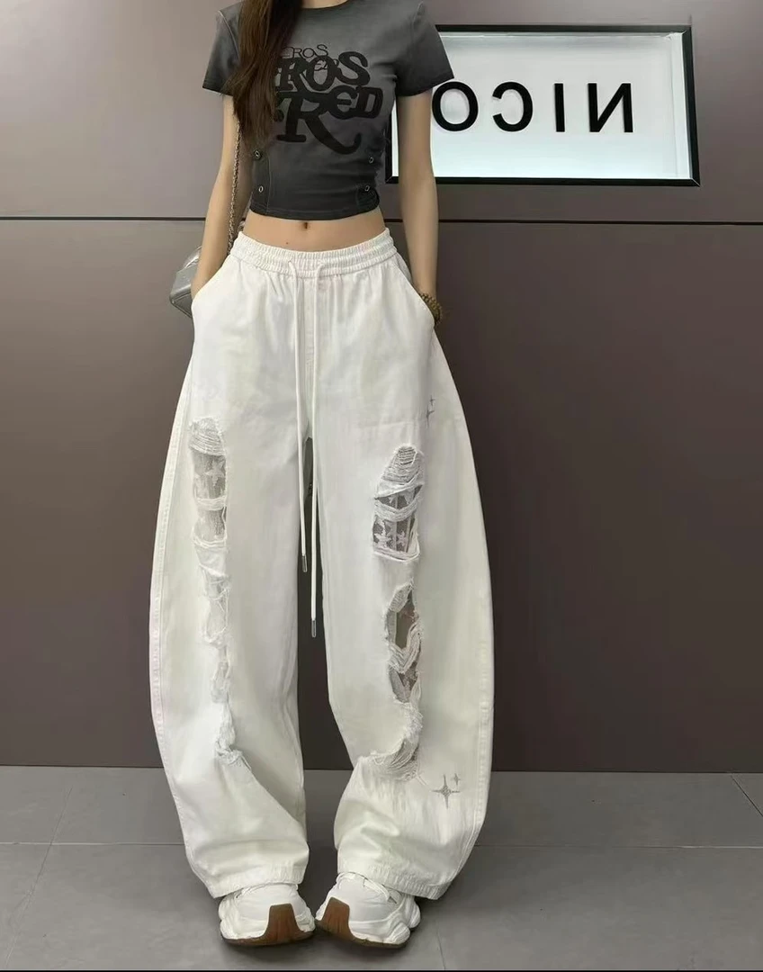 【MinMin】美式蕾丝拼接休闲裤阔腿裤女夏季抽绳高腰破洞长裤