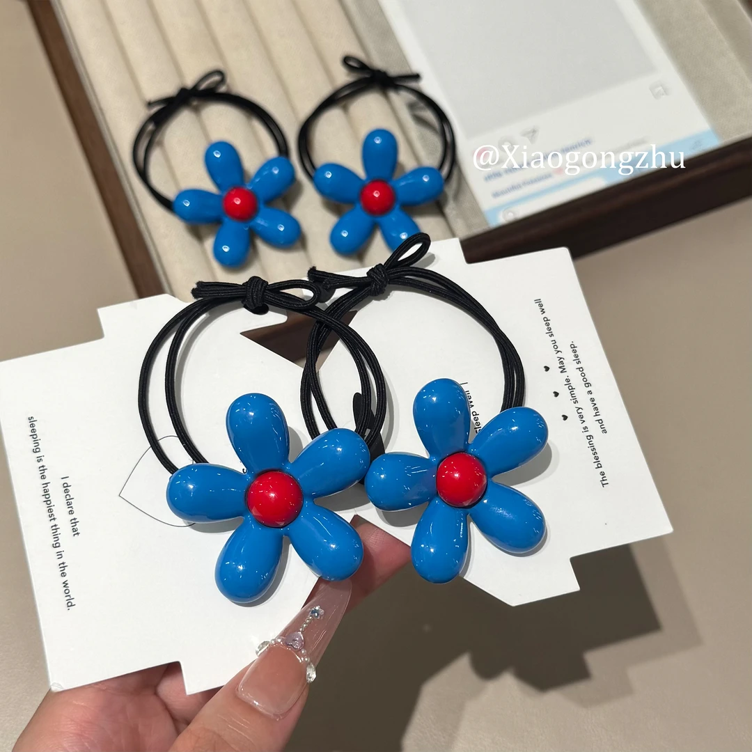 韩系小众设计感小花简约百搭发饰蓝色高弹力马尾发圈头绳