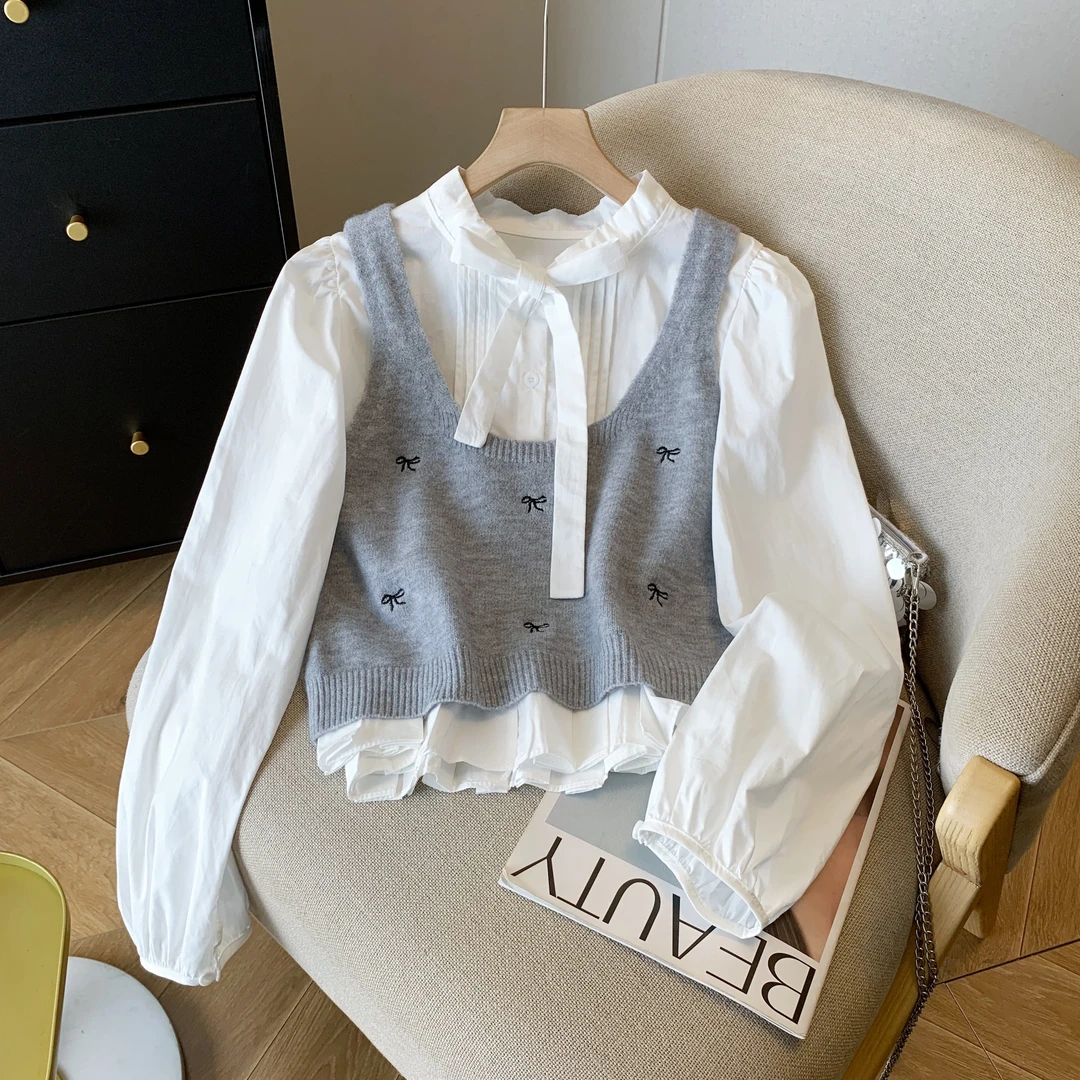学院风两件套系带褶皱长袖衬衫蝴蝶结针织马甲女秋季新款休闲套装