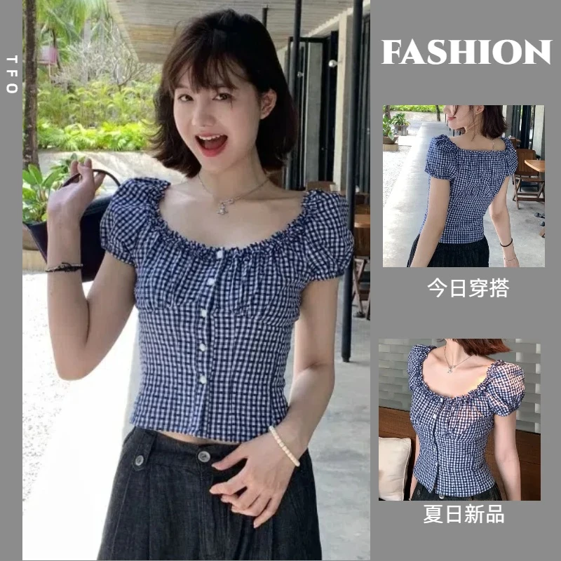 法式复古泡泡袖格纹衬衫女夏季新款辣妹修身显瘦气质短款漂亮小衫