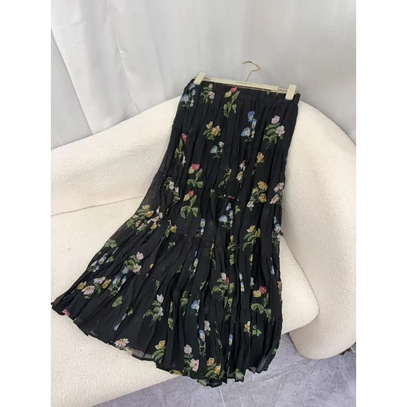 GK345绿色花高腰显瘦半身裙