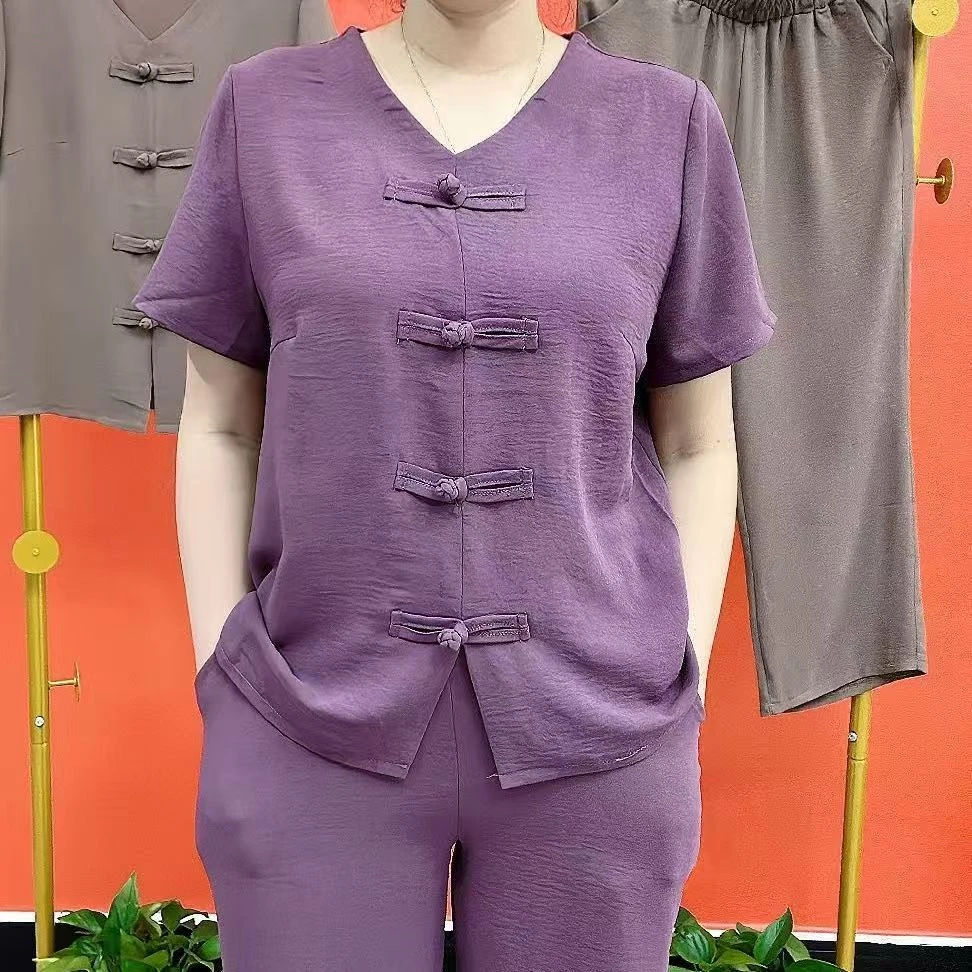 夏季薄款短袖两件套女时尚新款v领盘扣直筒裤套装减龄显瘦妈妈装