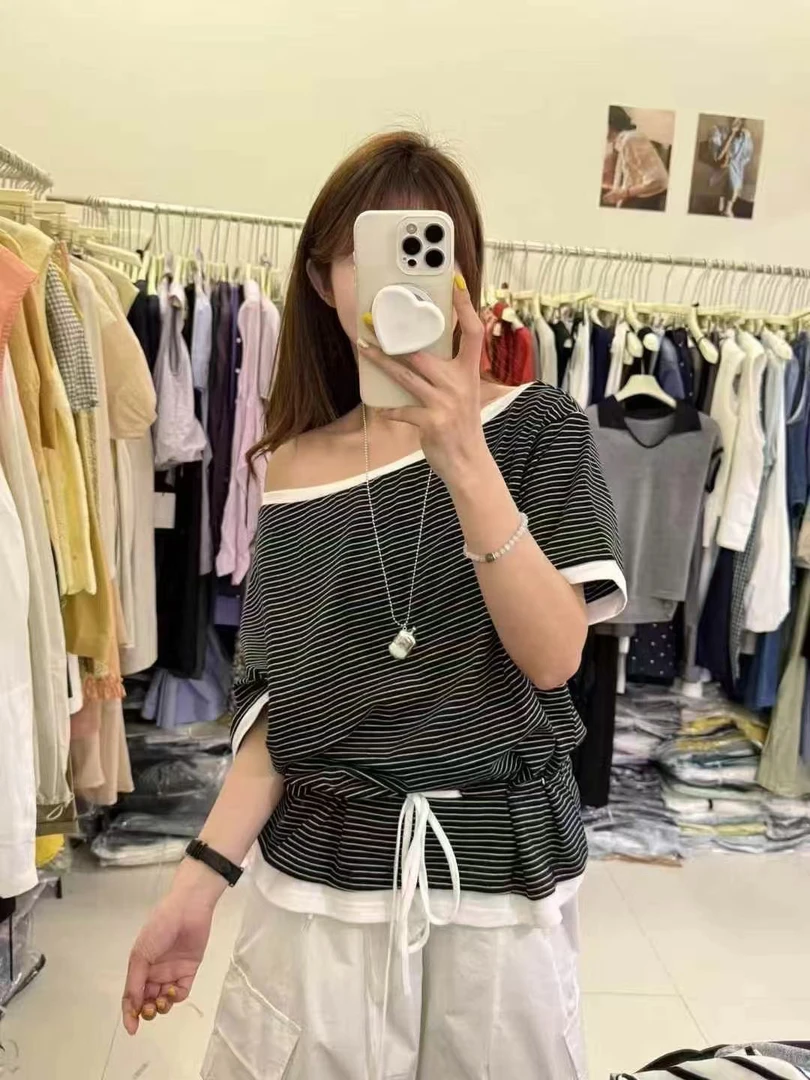 条纹常规不掉色短袖拼接耐磨T恤抹胸百搭褶皱休闲