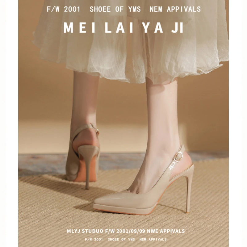 法式后空防水台穿搭高跟鞋女夏裸色漆皮尖头细跟包头单鞋10cm