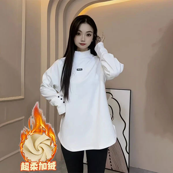 加绒加厚中领保暖韩版打底衫女半高领百搭时尚长袖冬季休闲宽松