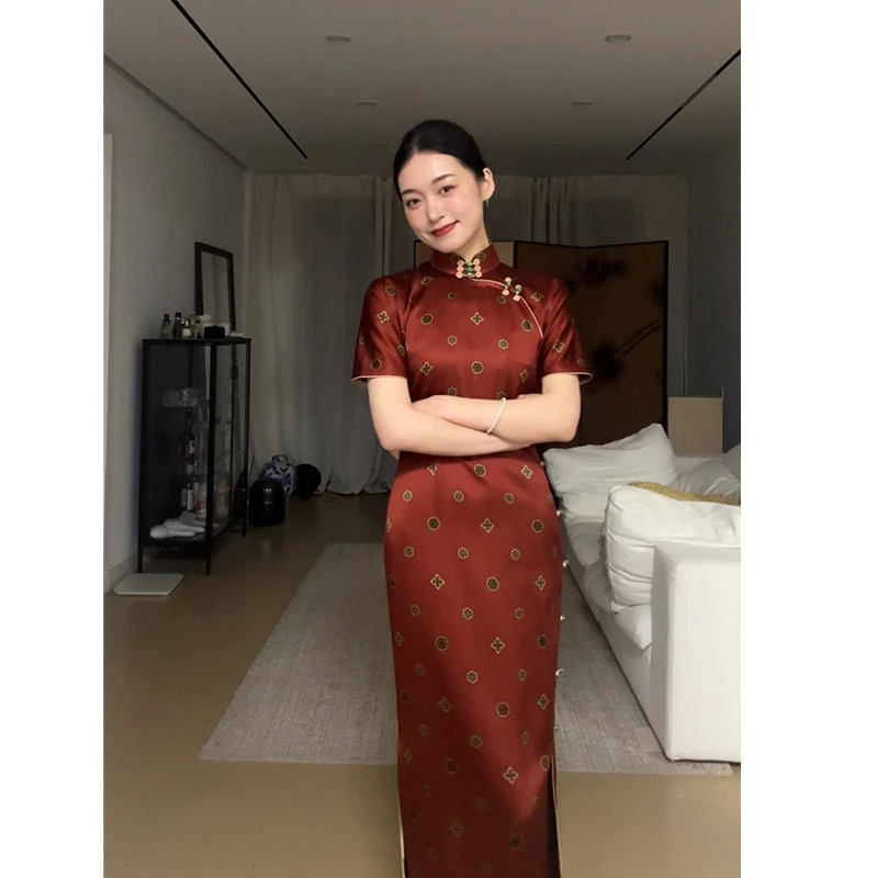 勾丝-【红姗】良辰媄锦桑蚕丝香云纱手工古法中长款旗袍衣长约130CM