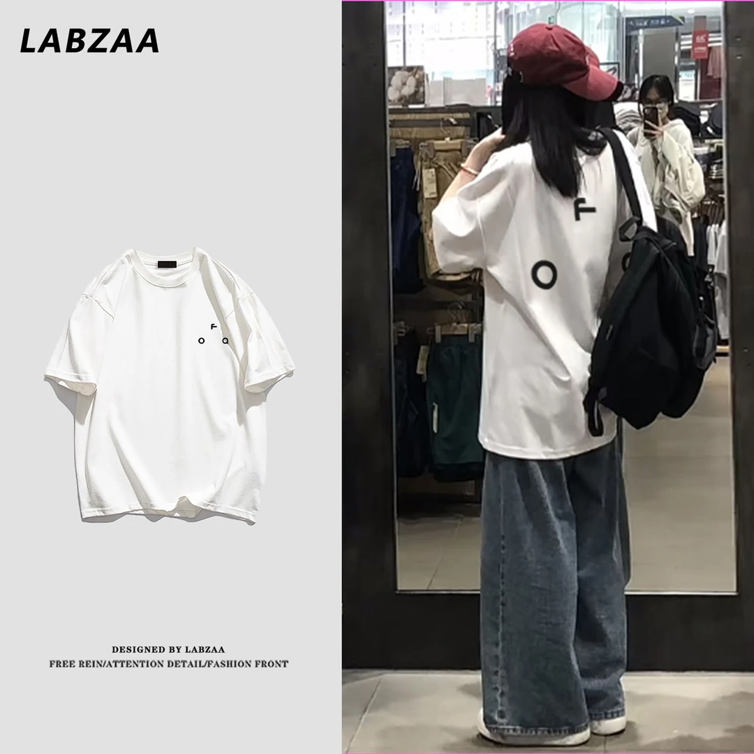 labzaa美式简约ins字母印花纯棉短袖T恤男女夏季休闲宽松情侣上衣