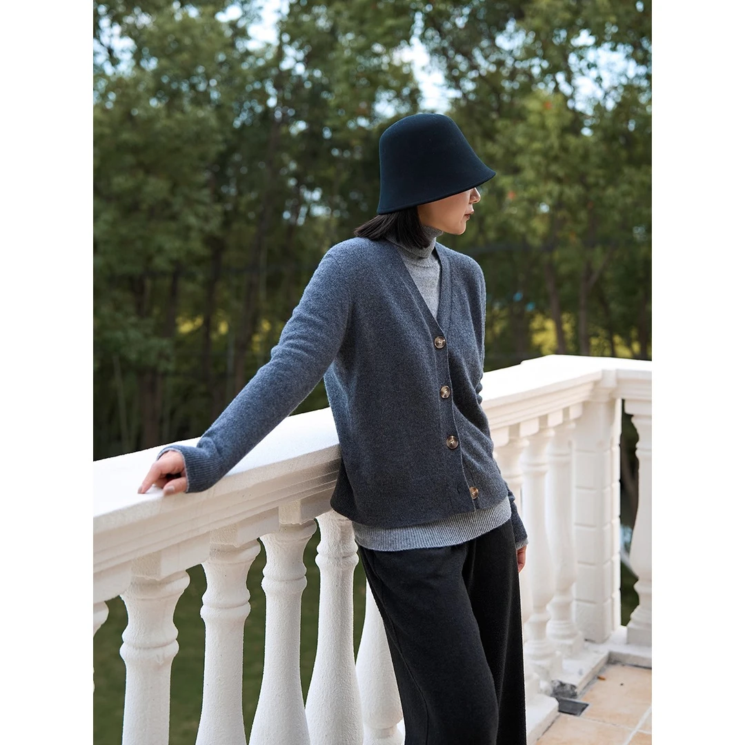 TOFOD 意大利工艺 纯羊绒无缝一体开衫针织衫女百搭V领毛衣打底衫