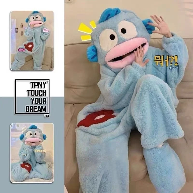 新款秋冬季珊瑚绒睡衣女人鱼汉顿丑鱼连体大码睡袍搞怪沙雕家居服