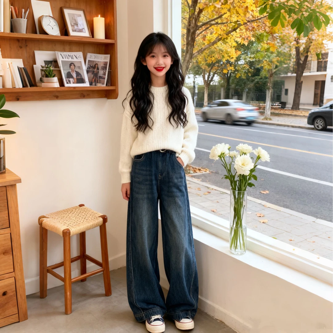 【当日发】女童加绒裤子新款冬款牛仔裤中大童宽松洋气弯刀直筒裤