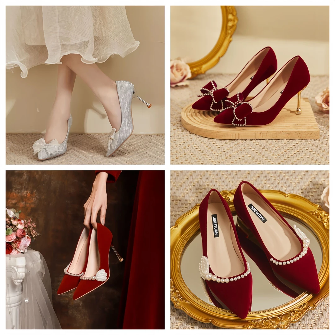 【婚鞋爆款】专属婚鞋小众气质绒面新娘秀禾鞋订婚晚宴配旗袍高跟鞋