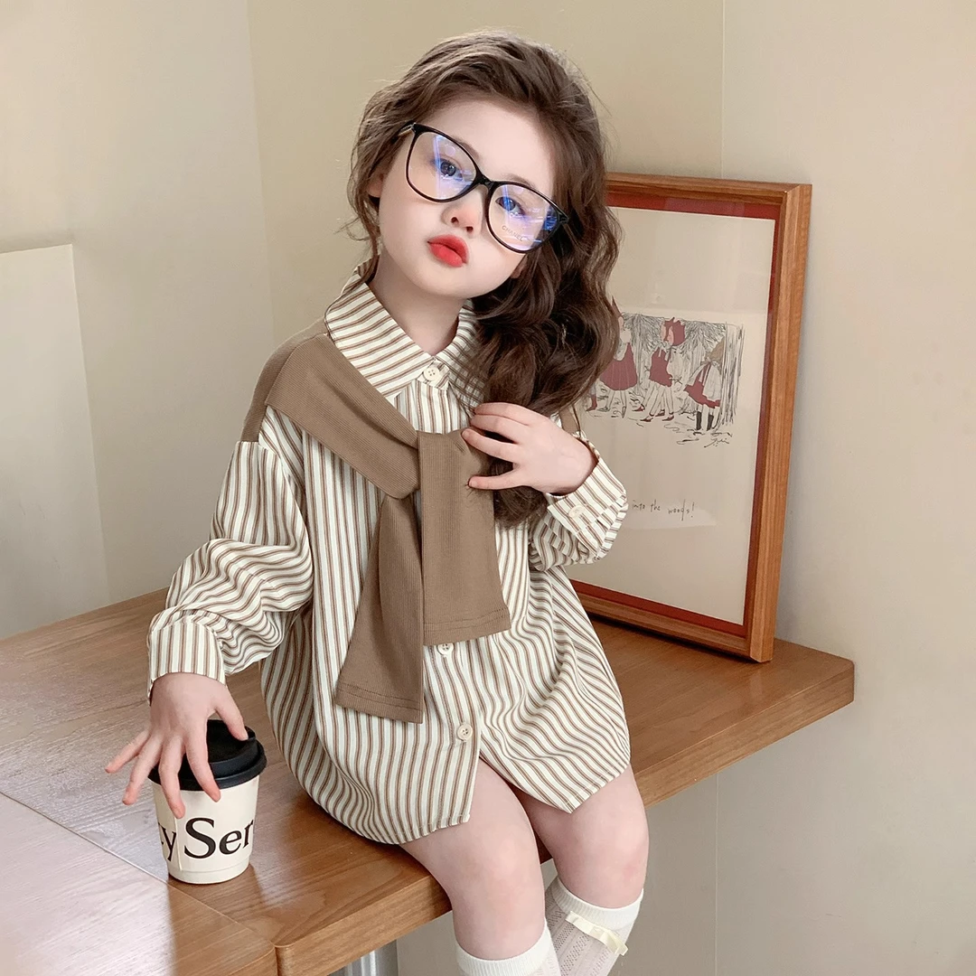 女童秋装假两件长袖衬衫2025新款儿童洋气条纹女童外套秋季外穿