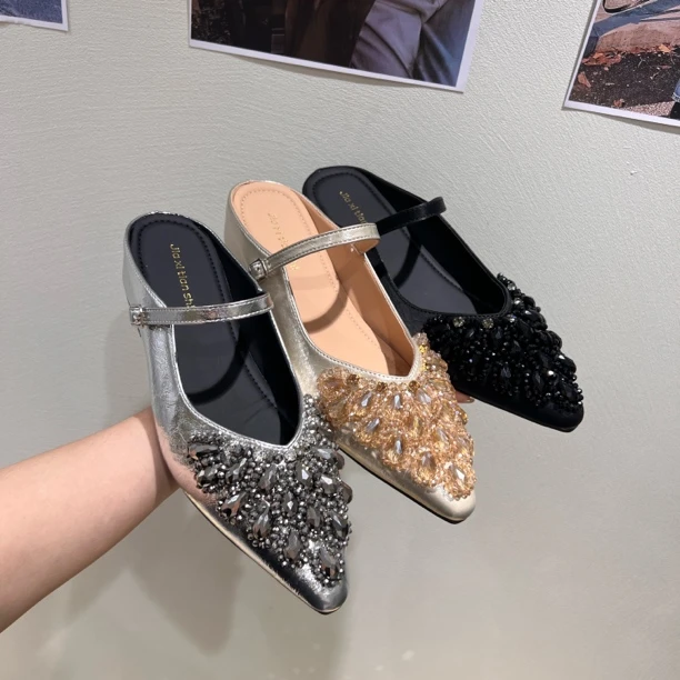 尖头时尚内增高爆款水钻休闲中跟一字带凉鞋尖头法式