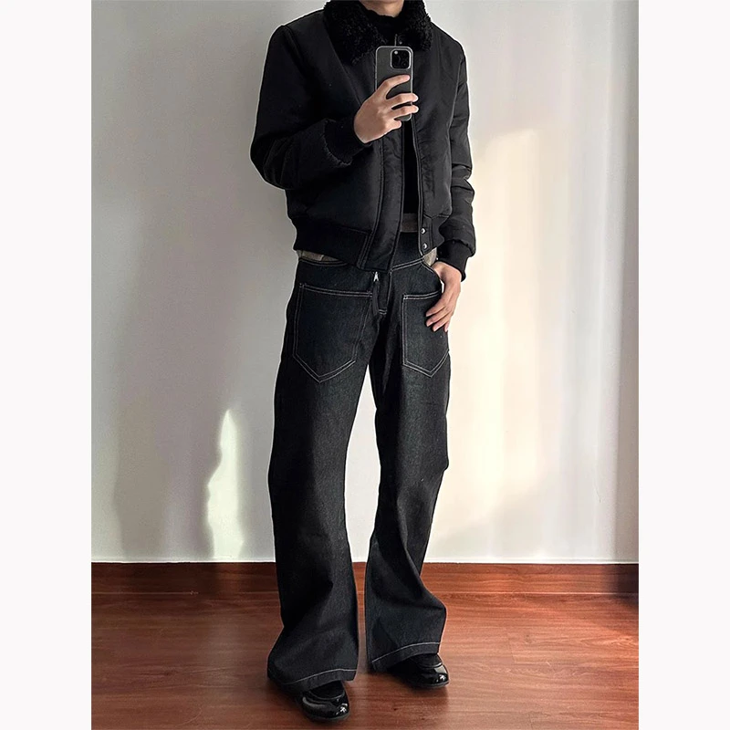 sv弯刀原色牛仔裤男cleanfit反穿裤子痞帅高级感仿羊毛拼接微喇裤