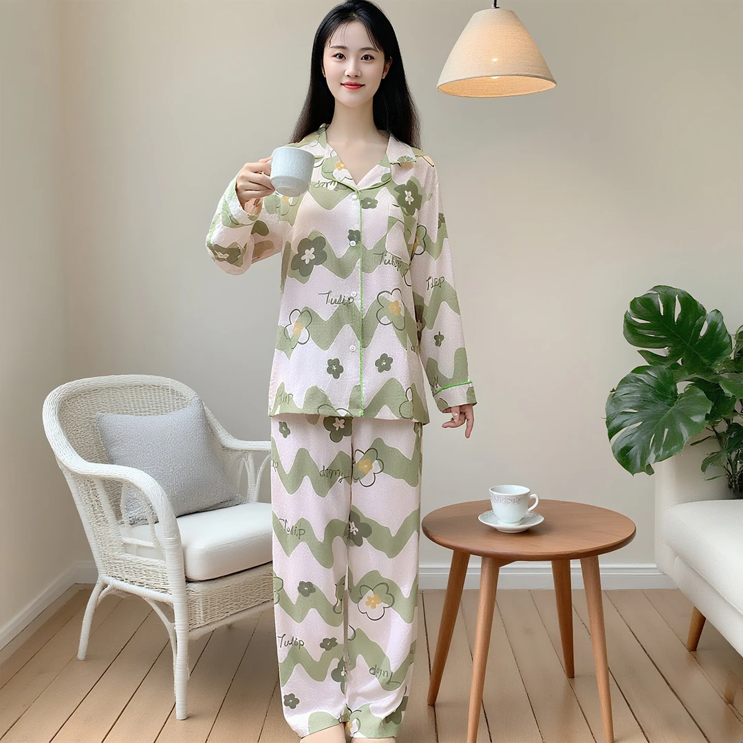 女款云朵棉睡衣夏2025新款春秋长袖不带胸垫可外穿家居服套装Y170