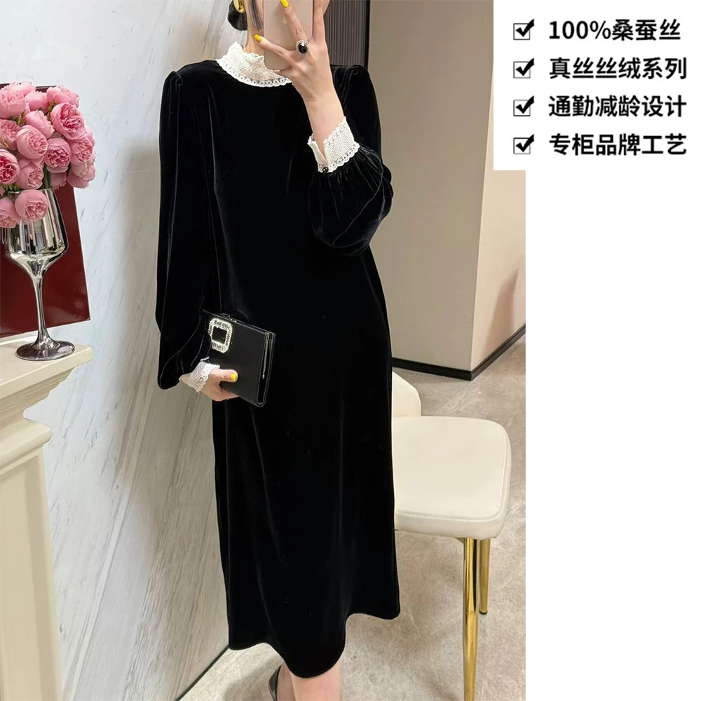 100桑蚕丝丝绒飘带蝴蝶结宽松真丝丝绒女装连衣裙QKA13